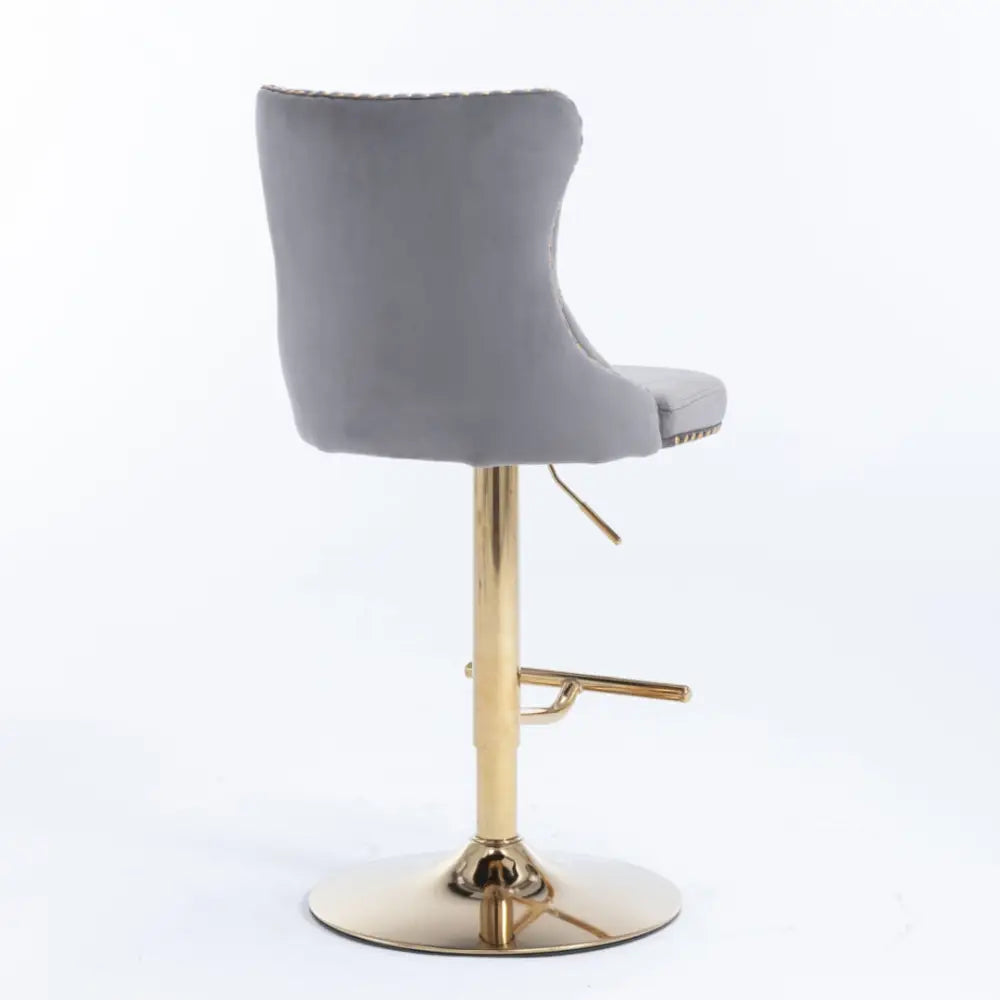 4x Height Adjustable Swivel Bar Stool Velvet Studs Barstool with Footrest and Golden Base- Grey - Furniture > Bar