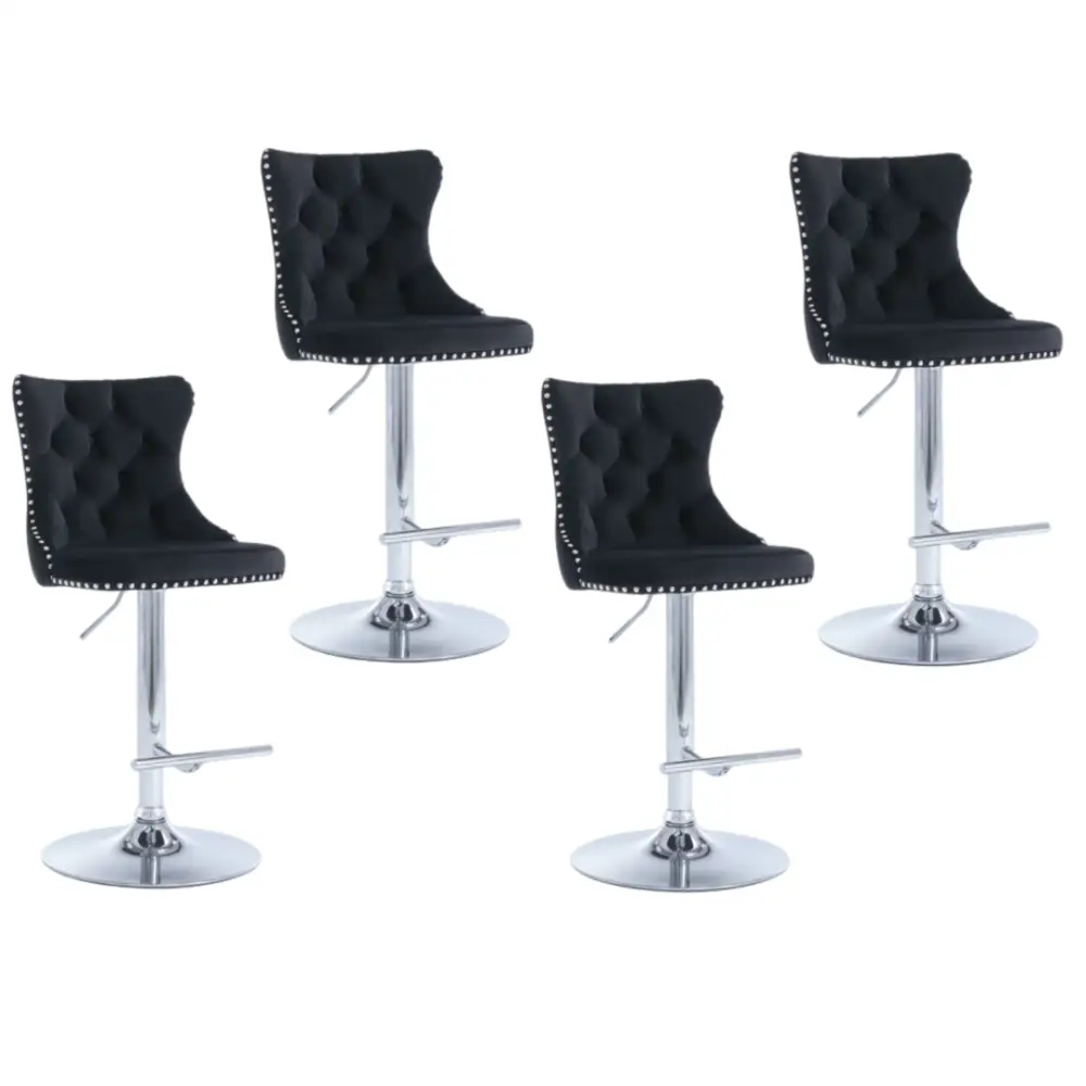 4x Height Adjustable Swivel Bar Stool Velvet Studs Barstool with Footrest and Chromed Base- Black - Furniture > Bar