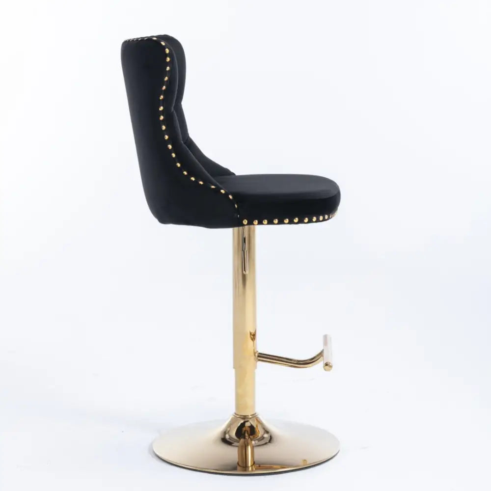 4x Height Adjustable Swivel Bar Stool Velvet Studs Barstool with Footrest and Golden Base- Black - Furniture > Bar