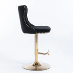 4x Height Adjustable Swivel Bar Stool Velvet Studs Barstool with Footrest and Golden Base- Black - Furniture > Bar