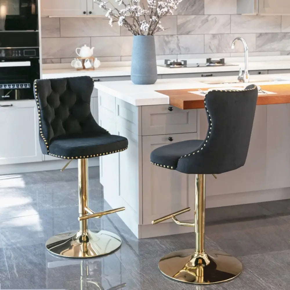 4x Height Adjustable Swivel Bar Stool Velvet Studs Barstool with Footrest and Golden Base- Black - Furniture > Bar