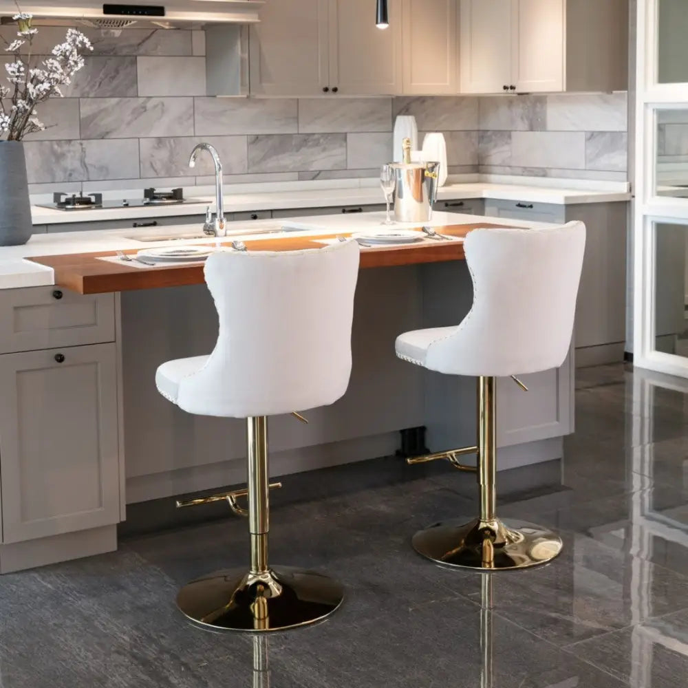 4x Height Adjustable Swivel Bar Stool Velvet Studs Barstool with Footrest and Golden Base- Beige - Furniture > Bar