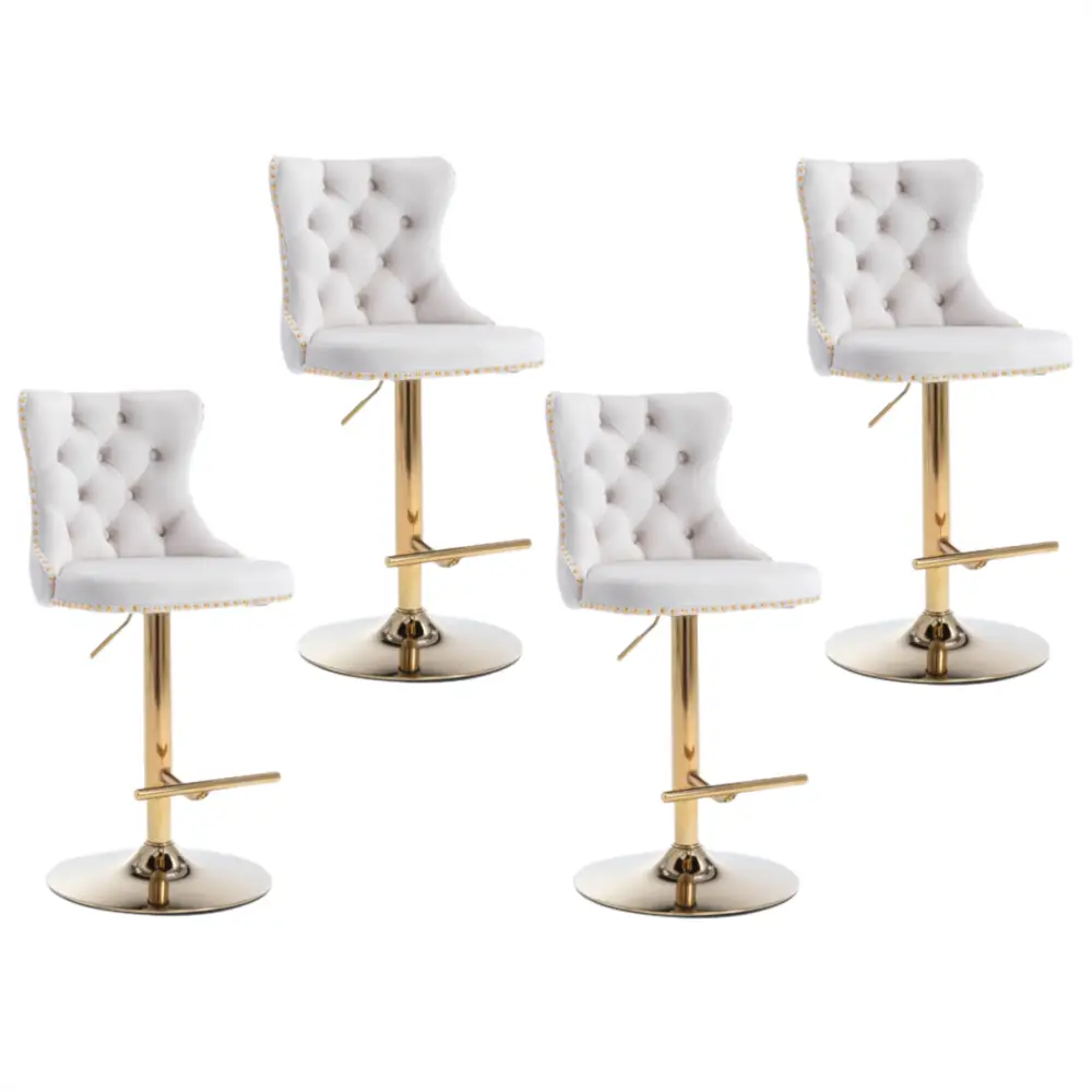 4x Height Adjustable Swivel Bar Stool Velvet Studs Barstool with Footrest and Golden Base- Beige - Furniture > Bar