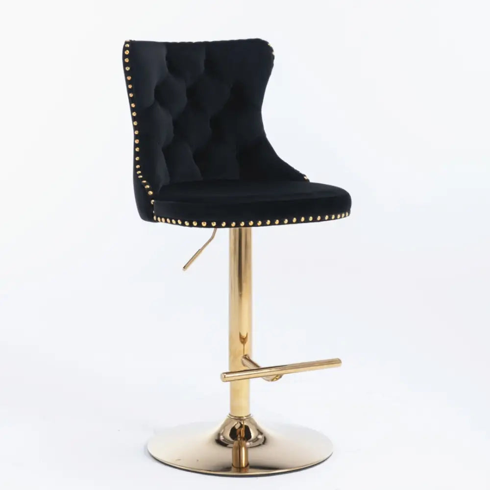 4x Height Adjustable Swivel Bar Stool Velvet Studs Barstool with Footrest and Golden Base- Black - Furniture > Bar