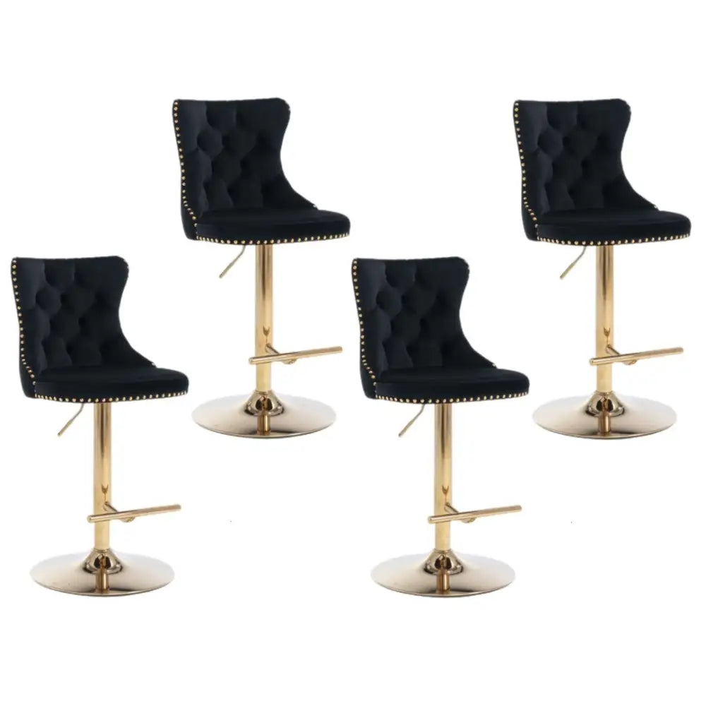 4x Height Adjustable Swivel Bar Stool Velvet Studs Barstool with Footrest and Golden Base- Black - Furniture > Bar