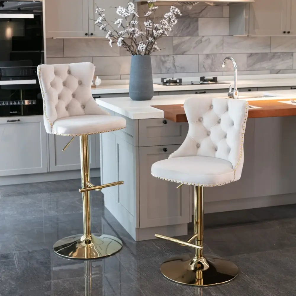 4x Height Adjustable Swivel Bar Stool Velvet Studs Barstool with Footrest and Golden Base- Beige - Furniture > Bar