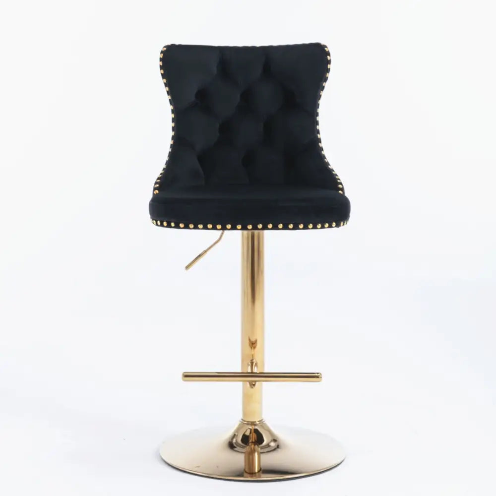 4x Height Adjustable Swivel Bar Stool Velvet Studs Barstool with Footrest and Golden Base- Black - Furniture > Bar