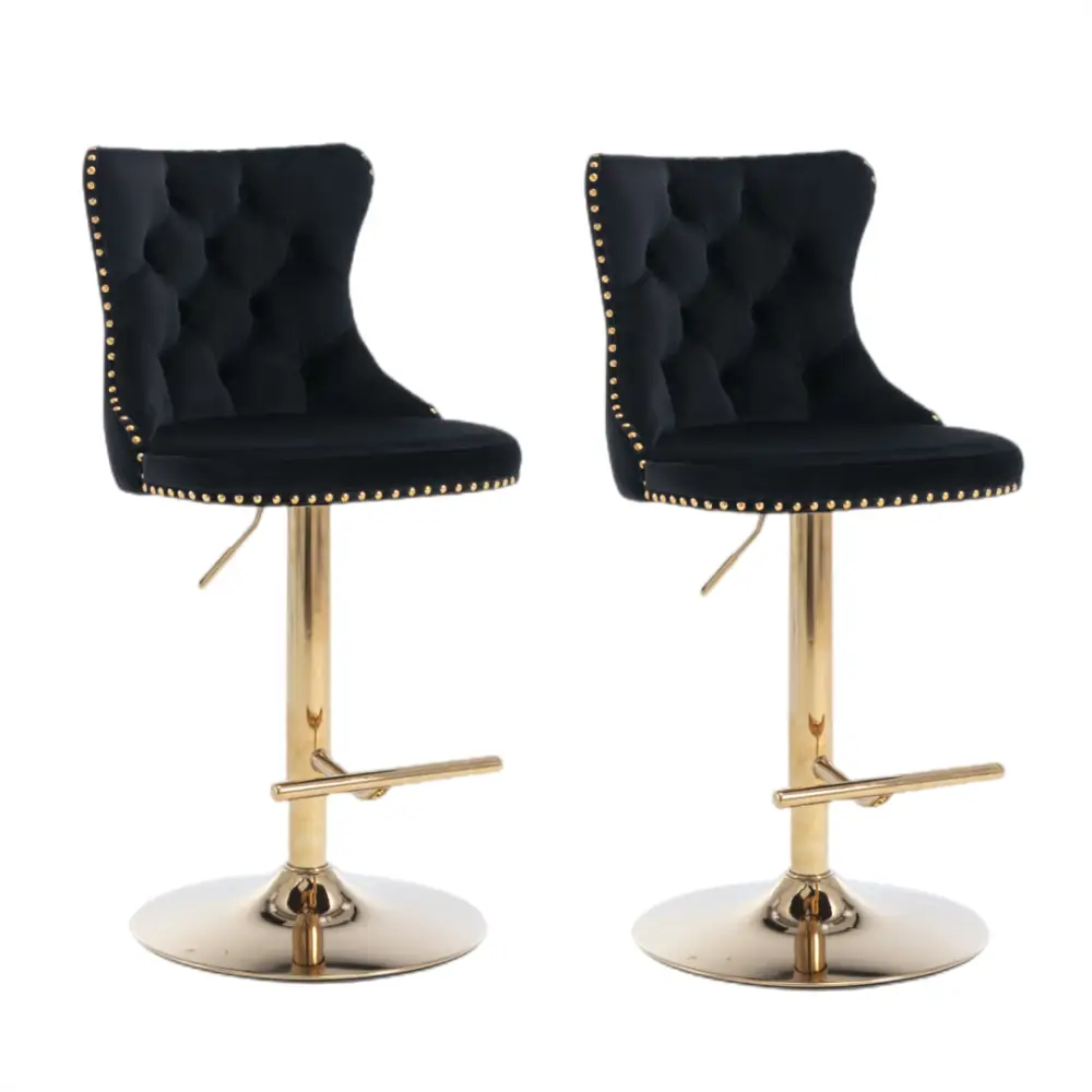 4x Height Adjustable Swivel Bar Stool Velvet Studs Barstool with Footrest and Golden Base- Black - Furniture > Bar