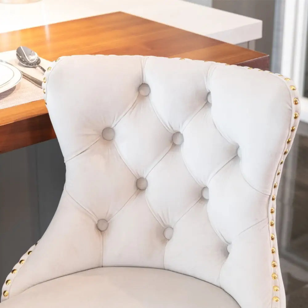 4x Height Adjustable Swivel Bar Stool Velvet Studs Barstool with Footrest and Golden Base- Beige - Furniture > Bar