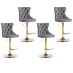 4x Height Adjustable Swivel Bar Stool Velvet Studs Barstool with Footrest and Golden Base- Grey - Furniture > Bar