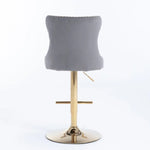 4x Height Adjustable Swivel Bar Stool Velvet Studs Barstool with Footrest and Golden Base- Grey - Furniture > Bar