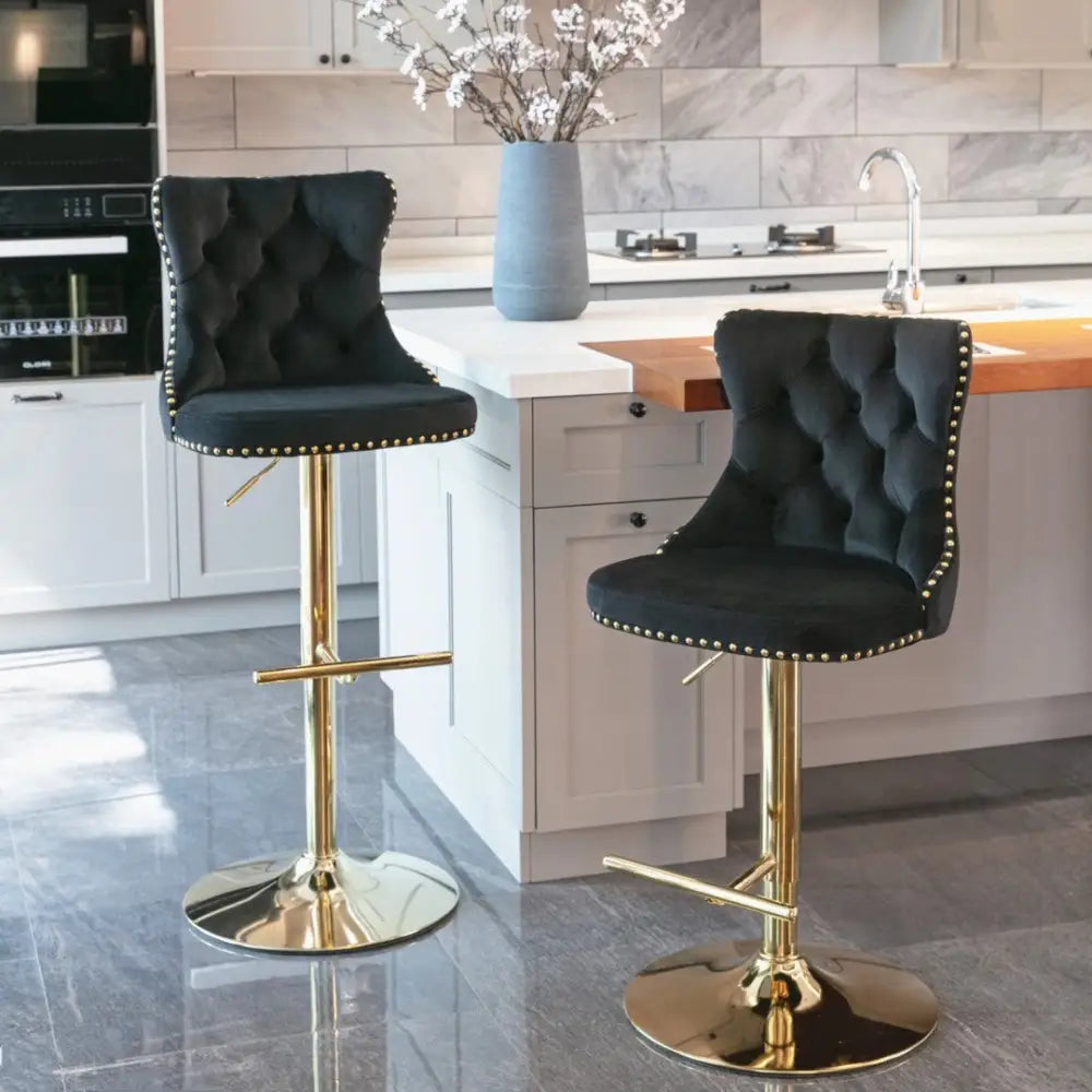 4x Height Adjustable Swivel Bar Stool Velvet Studs Barstool with Footrest and Golden Base- Black - Furniture > Bar