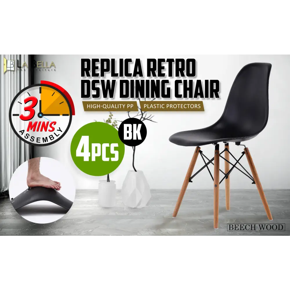 4X Retro Dining Cafe Chair DSW BLACK - Furniture > Bar Stools & Chairs