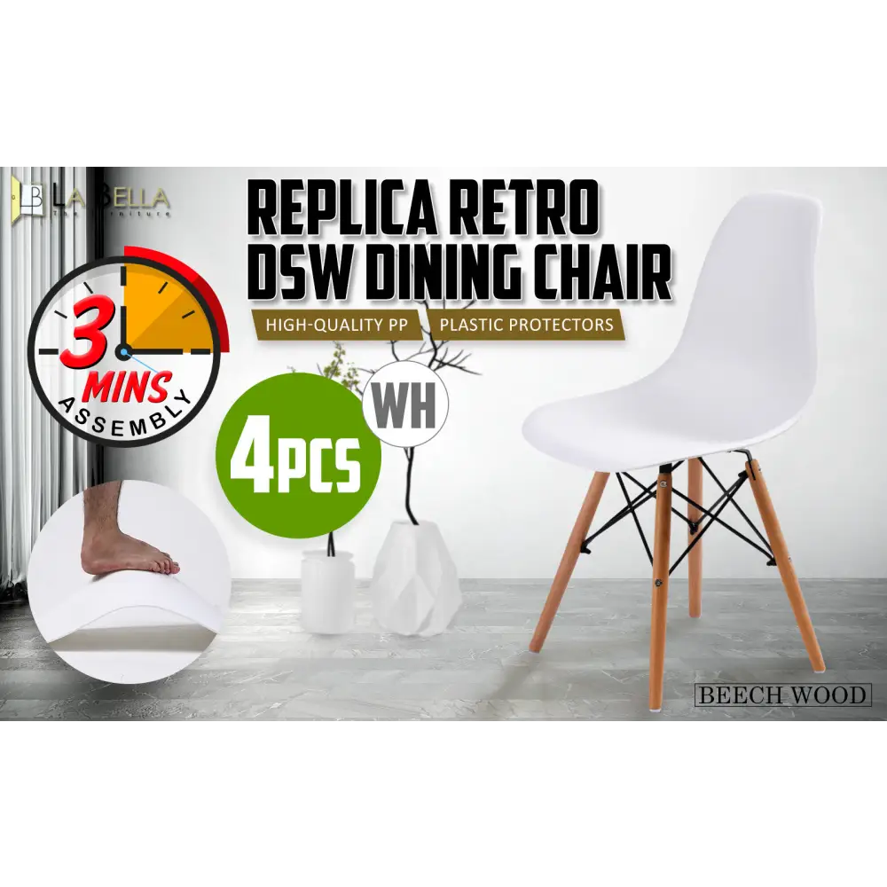 4X Retro Dining Cafe Chair DSW WHITE - Furniture > Bar Stools & Chairs