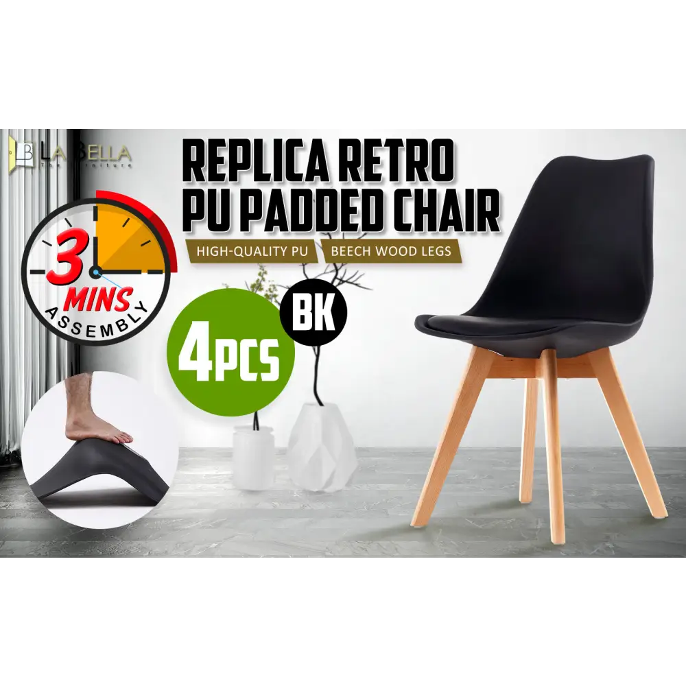 4X Retro Dining Cafe Chair Padded Seat BLACK - Furniture > Bar Stools & Chairs