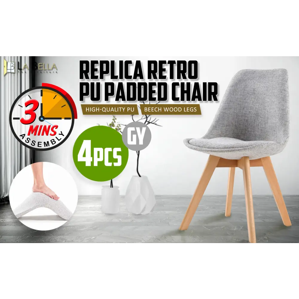 4X Retro Dining Cafe Chair Padded Seat GREY - Furniture > Bar Stools & Chairs