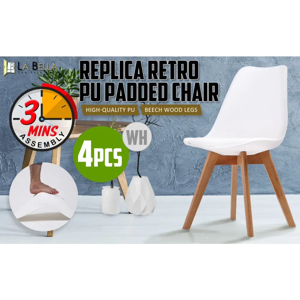 4X Retro Dining Cafe Chair Padded Seat WHITE - Furniture > Bar Stools & Chairs