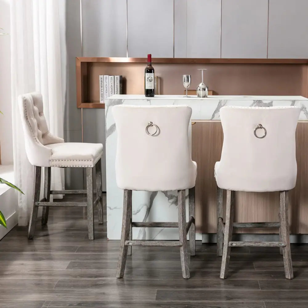 4X Velvet Bar Stools with Studs Trim Wooden Legs Tufted Dining Chairs Kitchen - Furniture > Bar Stools & Chairs