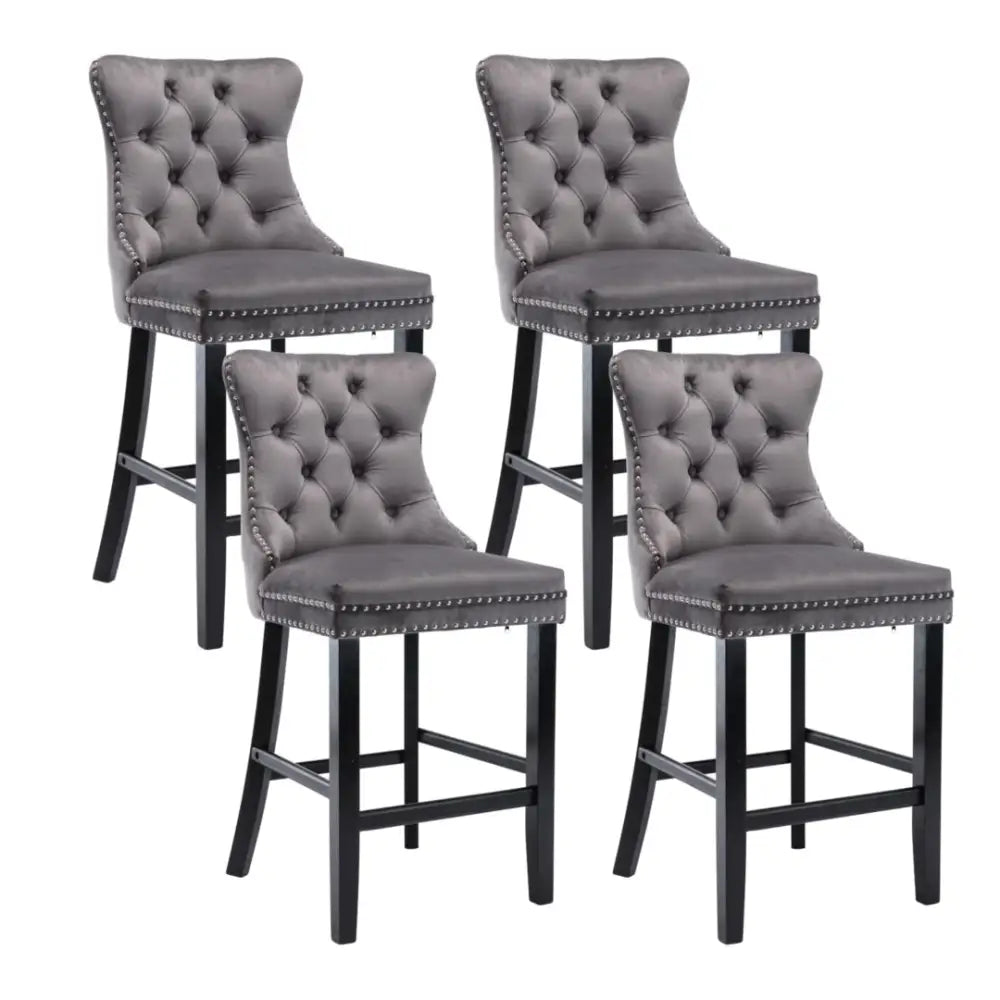4X Velvet Bar Stools with Studs Trim Wooden Legs Tufted Dining Chairs Kitchen - Furniture > Bar Stools & Chairs