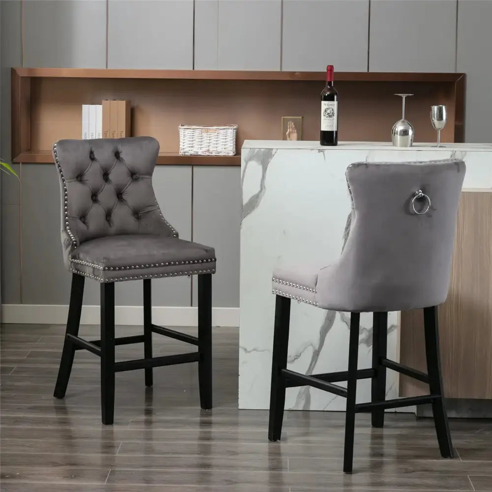 4X Velvet Bar Stools with Studs Trim Wooden Legs Tufted Dining Chairs Kitchen - Furniture > Bar Stools & Chairs