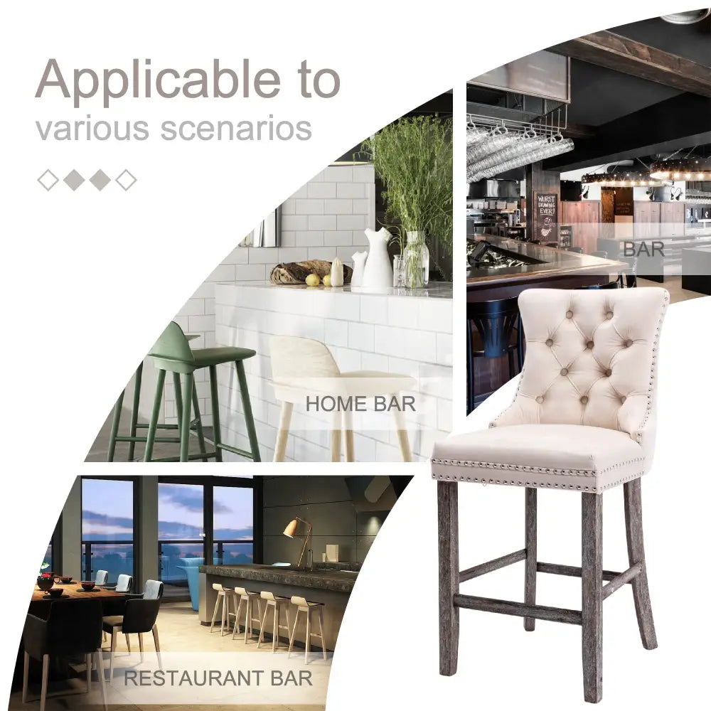 4X Velvet Bar Stools with Studs Trim Wooden Legs Tufted Dining Chairs Kitchen - Furniture > Bar Stools & Chairs