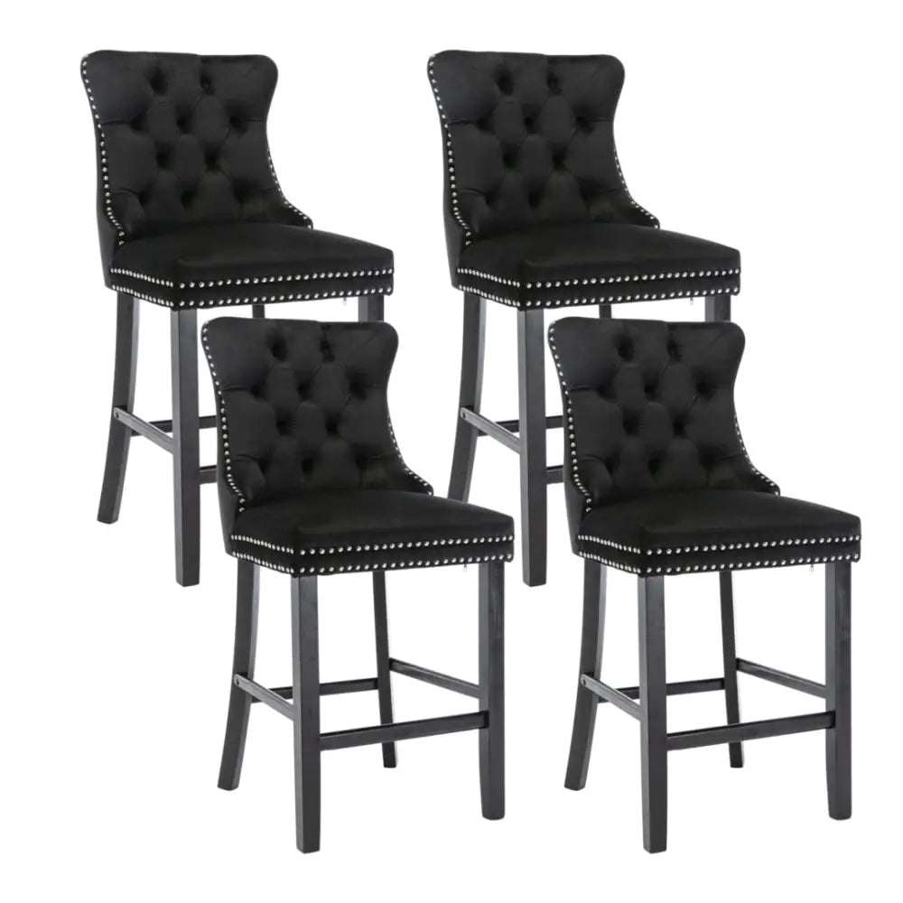 4X Velvet Bar Stools with Studs Trim Wooden Legs Tufted Dining Chairs Kitchen - Furniture > Bar Stools & Chairs > Table
