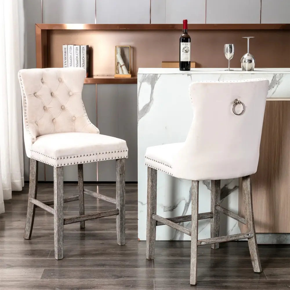 4X Velvet Bar Stools with Studs Trim Wooden Legs Tufted Dining Chairs Kitchen - Furniture > Bar Stools & Chairs