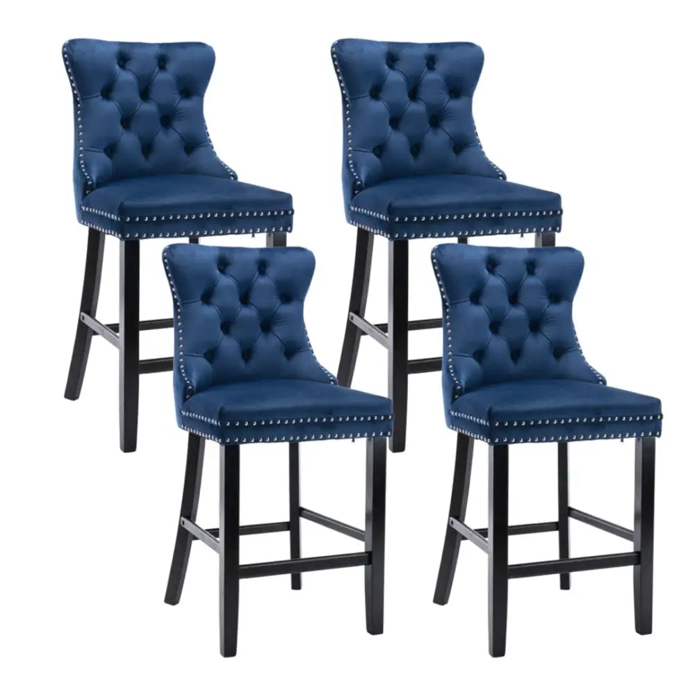 4X Velvet Bar Stools with Studs Trim Wooden Legs Tufted Dining Chairs Kitchen - Furniture > Bar Stools & Chairs