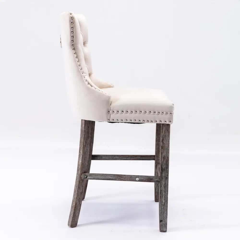 4X Velvet Bar Stools with Studs Trim Wooden Legs Tufted Dining Chairs Kitchen - Furniture > Bar Stools & Chairs