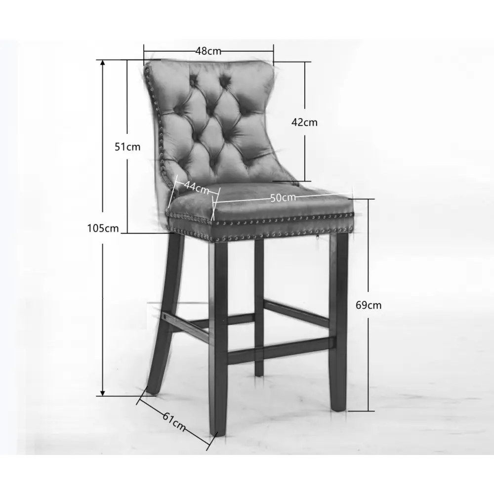 4X Velvet Bar Stools with Studs Trim Wooden Legs Tufted Dining Chairs Kitchen - Furniture > Bar Stools & Chairs