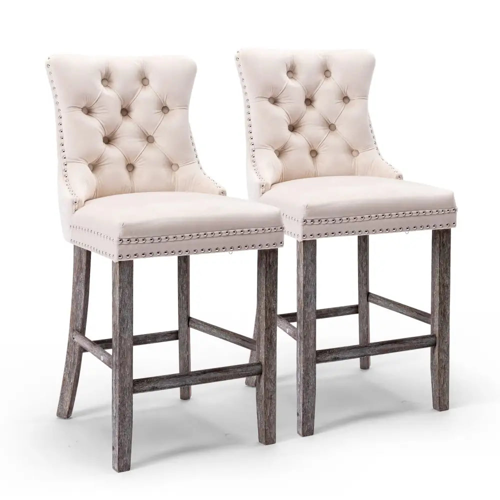 4X Velvet Bar Stools with Studs Trim Wooden Legs Tufted Dining Chairs Kitchen - Furniture > Bar Stools & Chairs