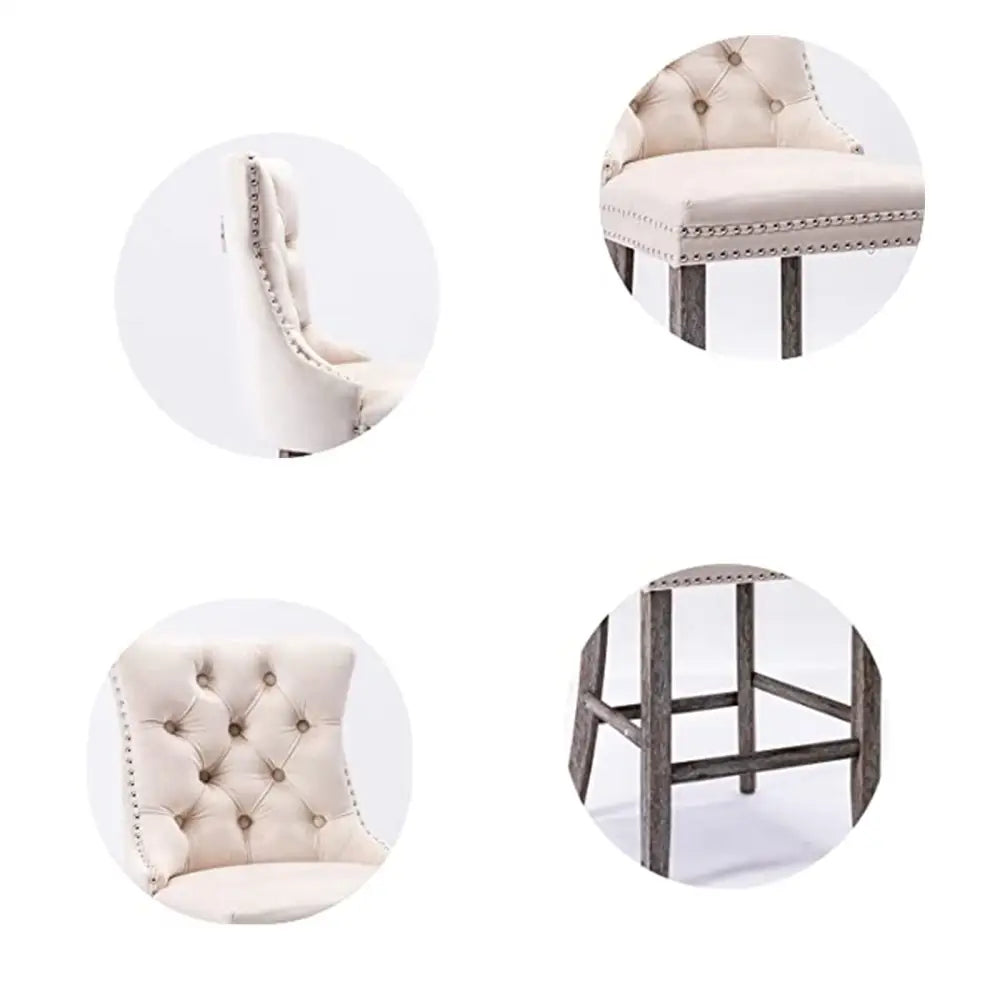 4X Velvet Bar Stools with Studs Trim Wooden Legs Tufted Dining Chairs Kitchen - Furniture > Bar Stools & Chairs