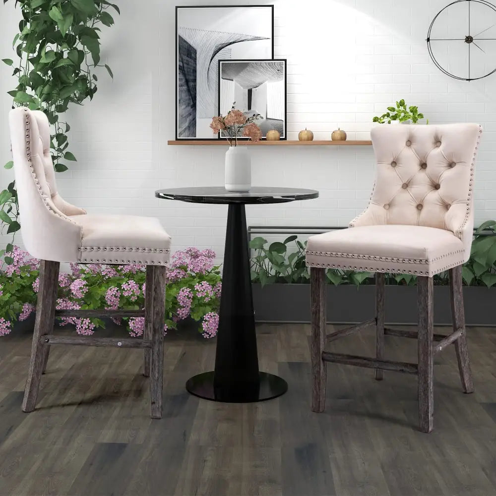 4X Velvet Bar Stools with Studs Trim Wooden Legs Tufted Dining Chairs Kitchen - Furniture > Bar Stools & Chairs