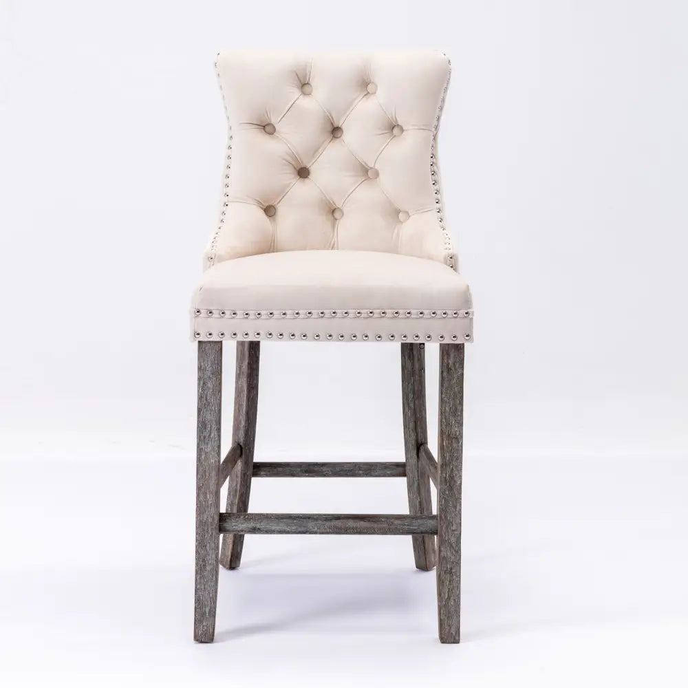 4X Velvet Bar Stools with Studs Trim Wooden Legs Tufted Dining Chairs Kitchen - Furniture > Bar Stools & Chairs