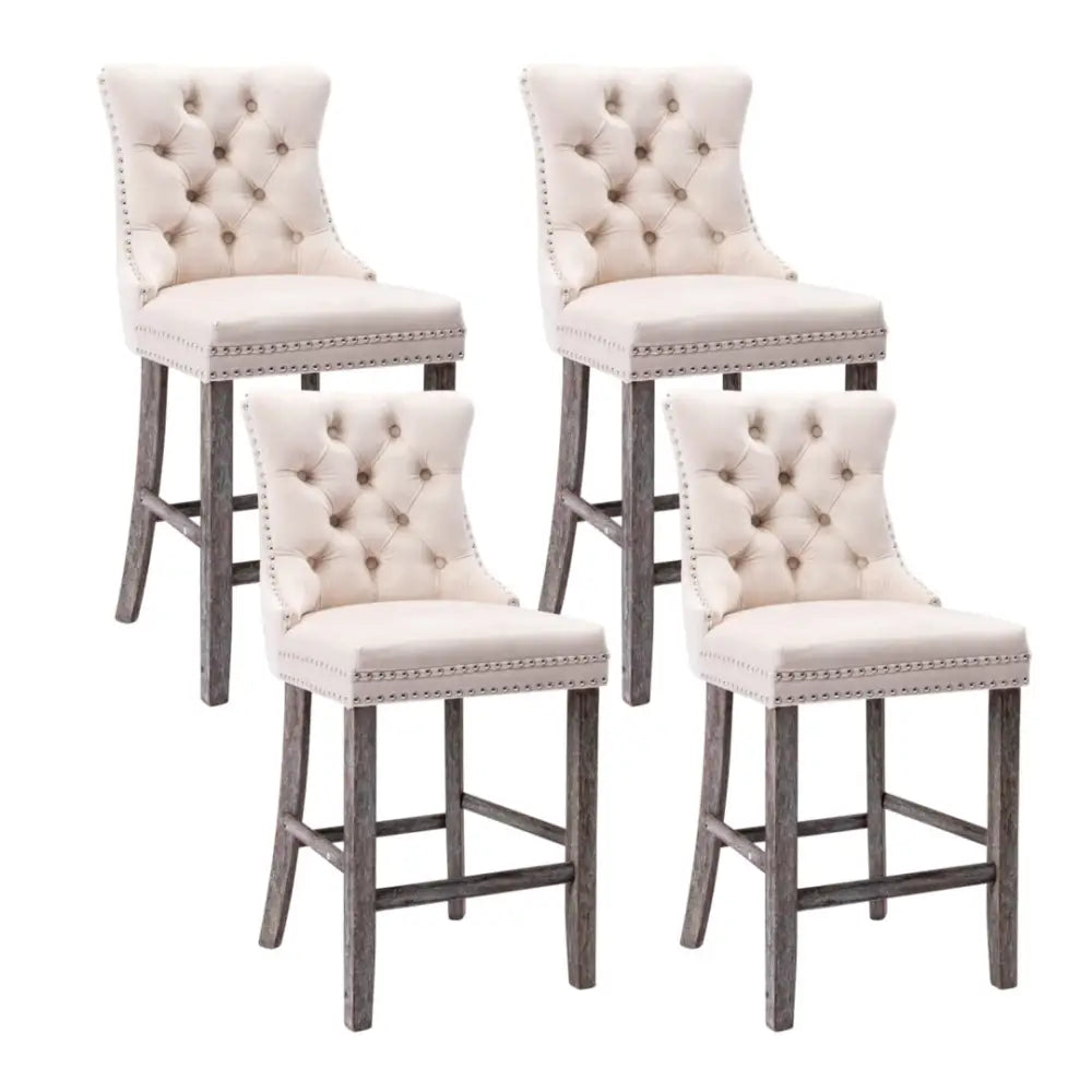 4X Velvet Bar Stools with Studs Trim Wooden Legs Tufted Dining Chairs Kitchen - Furniture > Bar Stools & Chairs