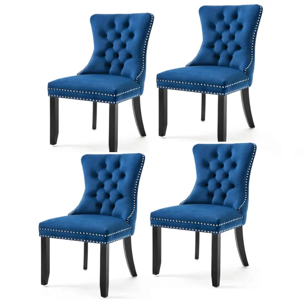 4x Velvet Dining Chairs Upholstered Tufted Kithcen Chair with Solid Wood Legs Stud Trim and Ring-Blue - Furniture > Bar