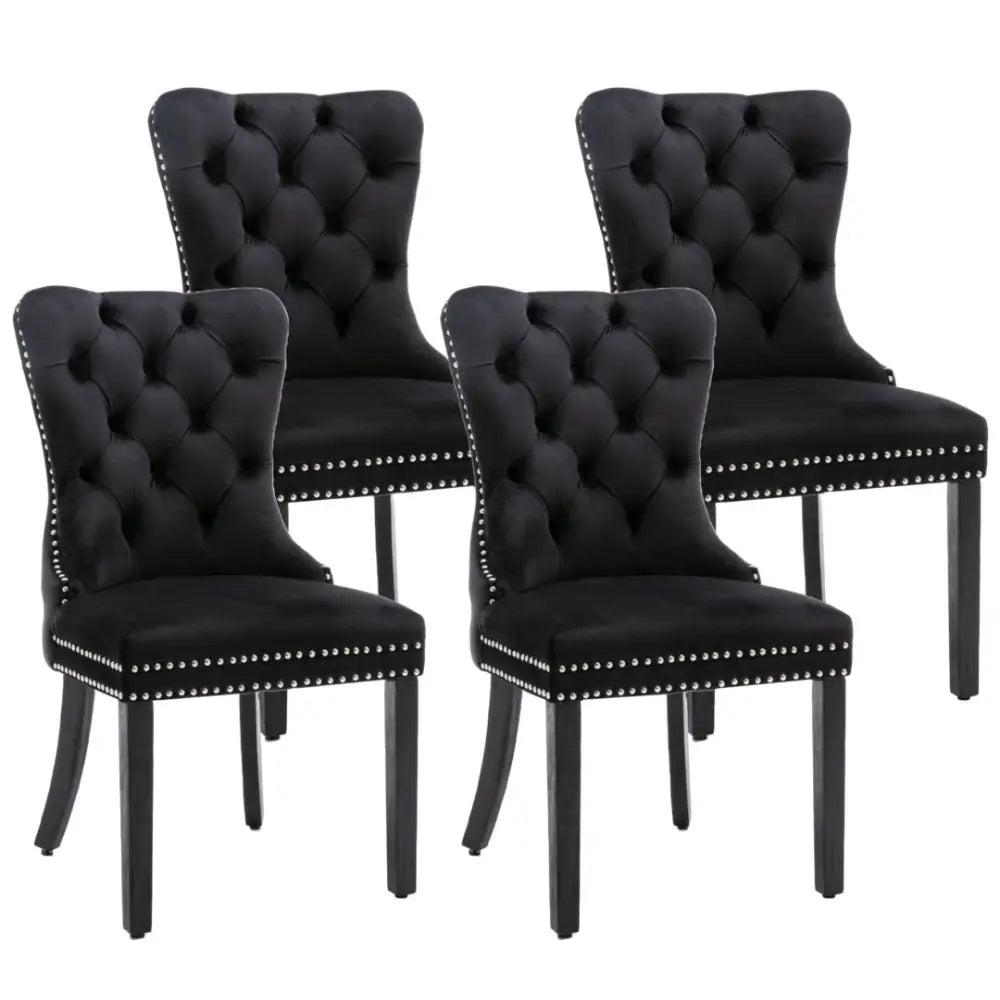 4x Velvet Dining Chairs Upholstered Tufted Kithcen Chair with Solid Wood Legs Stud Trim and Ring-Black - Furniture >