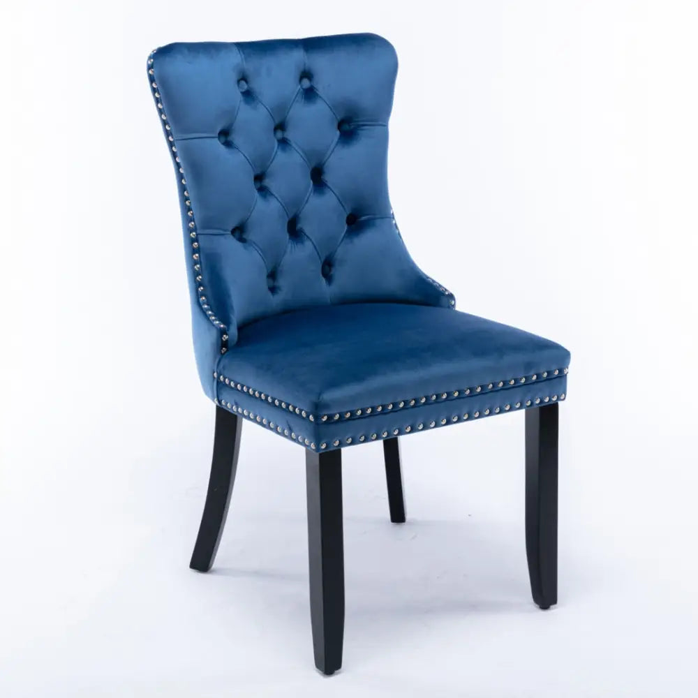 4x Velvet Dining Chairs Upholstered Tufted Kithcen Chair with Solid Wood Legs Stud Trim and Ring-Blue - Furniture > Bar
