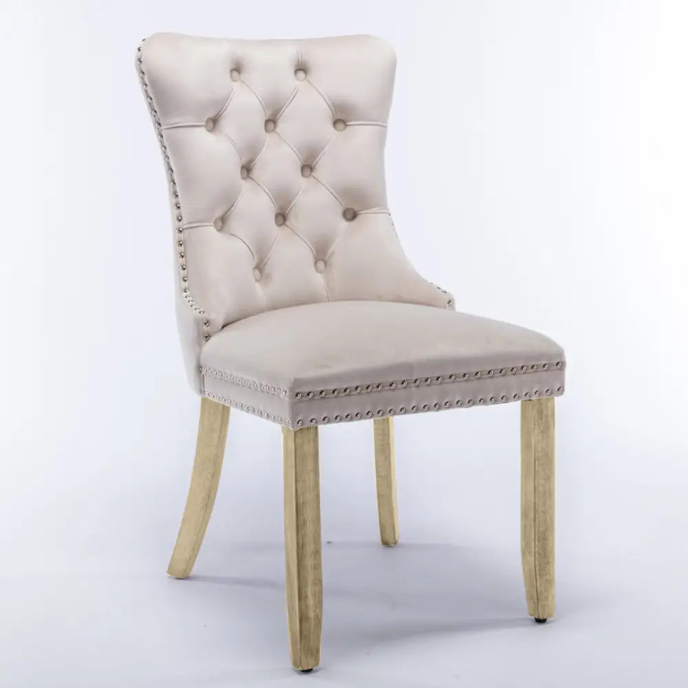 4x Velvet Dining Chairs Upholstered Tufted Kithcen Chair with Solid Wood Legs Stud Trim and Ring-Beige - Furniture >