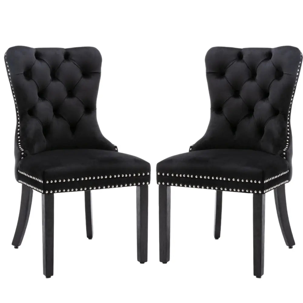 4x Velvet Dining Chairs Upholstered Tufted Kithcen Chair with Solid Wood Legs Stud Trim and Ring-Black - Furniture >