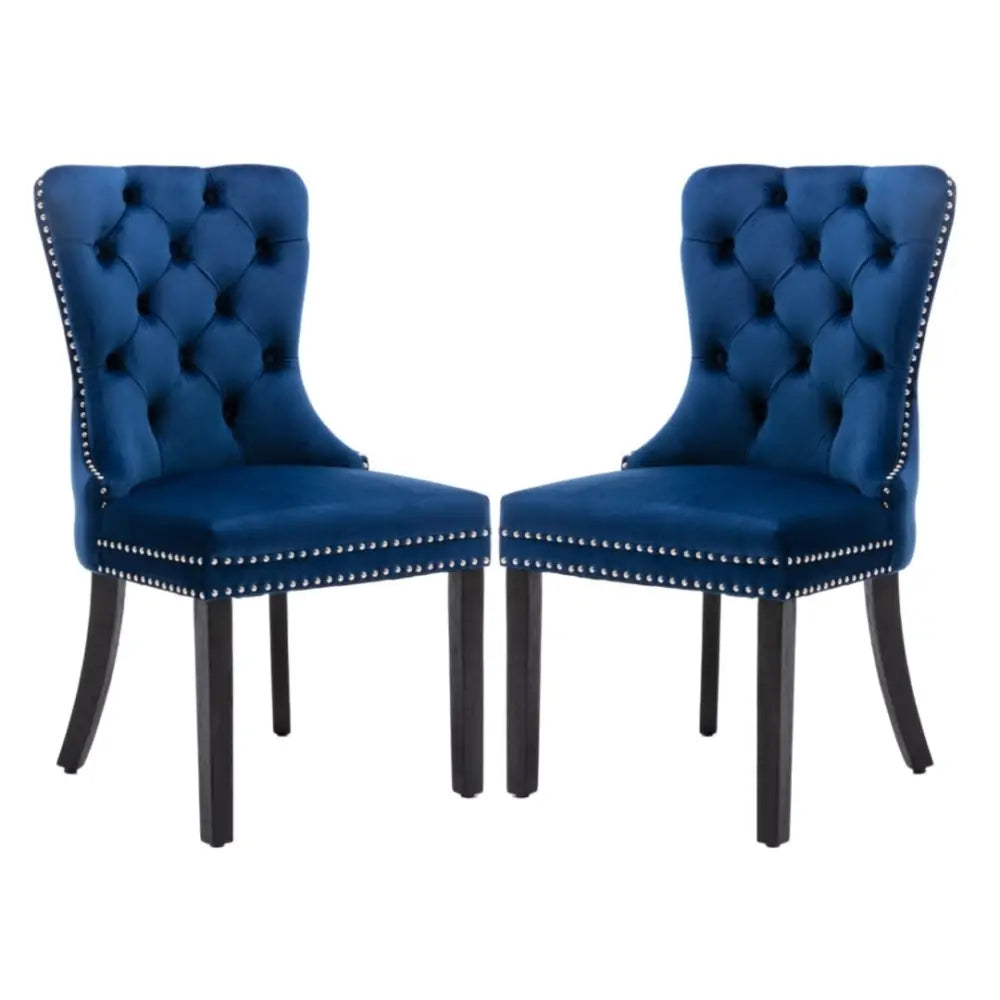 4x Velvet Dining Chairs Upholstered Tufted Kithcen Chair with Solid Wood Legs Stud Trim and Ring-Blue - Furniture > Bar