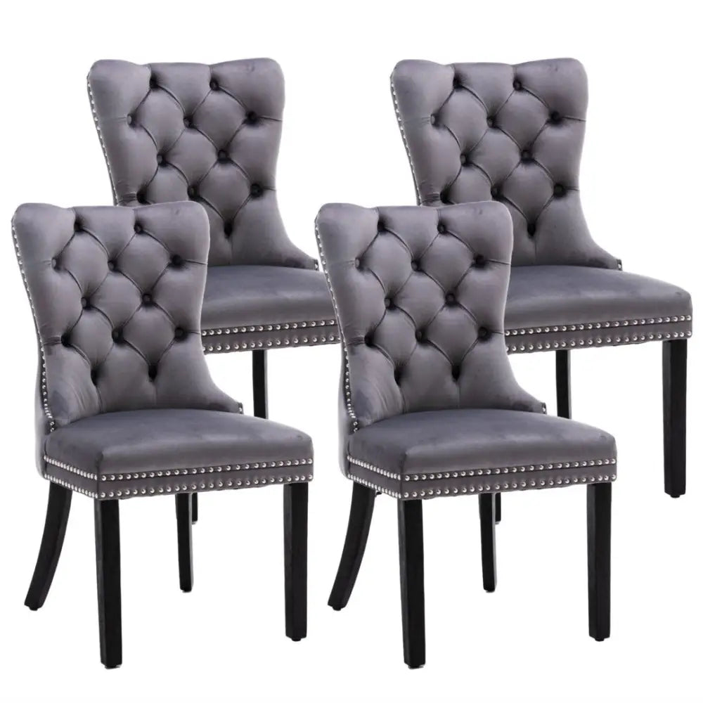 4x Velvet Dining Chairs Upholstered Tufted Kithcen Chair with Solid Wood Legs Stud Trim and Ring-Gray - Furniture > Bar