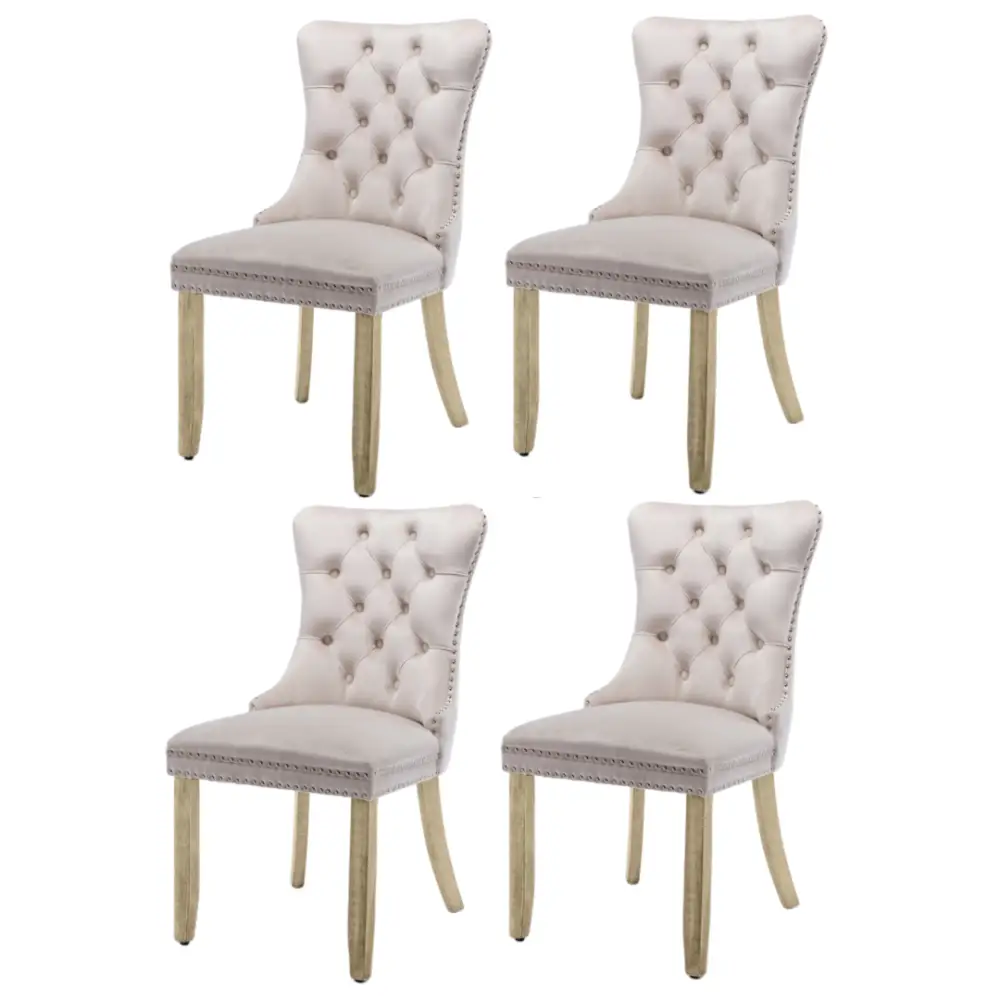 4x Velvet Dining Chairs Upholstered Tufted Kithcen Chair with Solid Wood Legs Stud Trim and Ring-Beige - Furniture >