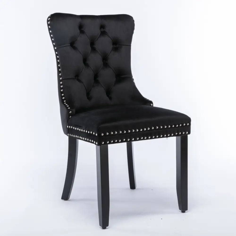 4x Velvet Dining Chairs Upholstered Tufted Kithcen Chair with Solid Wood Legs Stud Trim and Ring-Black - Furniture >