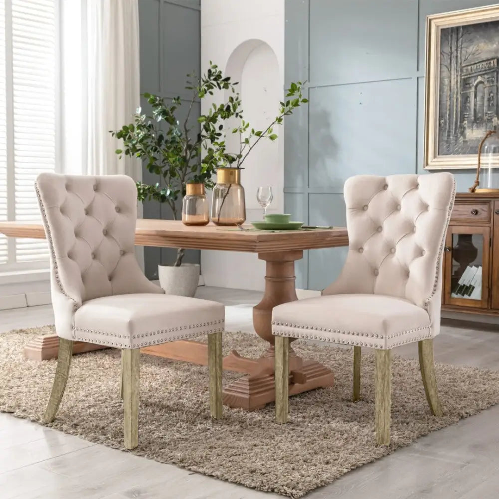 4x Velvet Dining Chairs Upholstered Tufted Kithcen Chair with Solid Wood Legs Stud Trim and Ring-Beige - Furniture >