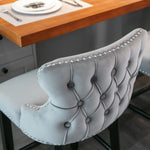 4x Velvet Upholstered Button Tufted Bar Stools with Wood Legs and Studs-Grey - Furniture > Bar Stools & Chairs