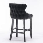 4x Velvet Upholstered Button Tufted Bar Stools with Wood Legs and Studs-Black - Furniture > Bar Stools & Chairs > Table