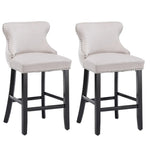 4x Velvet Upholstered Button Tufted Bar Stools with Wood Legs and Studs-Beige - Furniture > Bar Stools & Chairs
