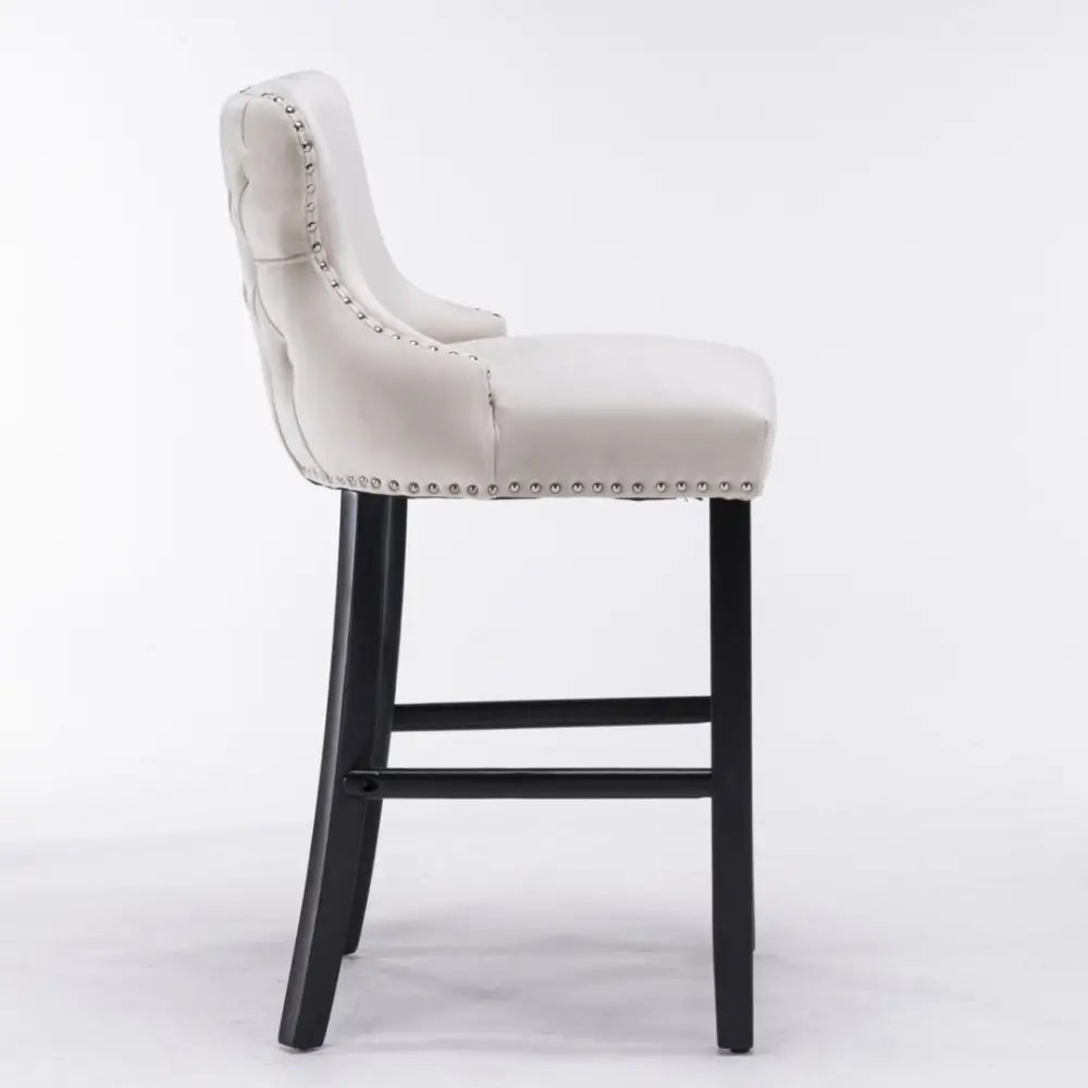4x Velvet Upholstered Button Tufted Bar Stools with Wood Legs and Studs-Beige - Furniture > Bar Stools & Chairs