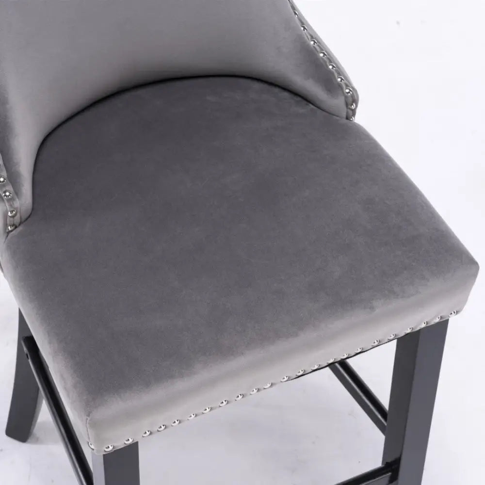 4x Velvet Upholstered Button Tufted Bar Stools with Wood Legs and Studs-Grey - Furniture > Bar Stools & Chairs